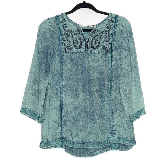 Soft Surroundings Chambray Floral Embroidered Teal‎ Long Sleeve Boho Top Size S - Picture 1 of 6